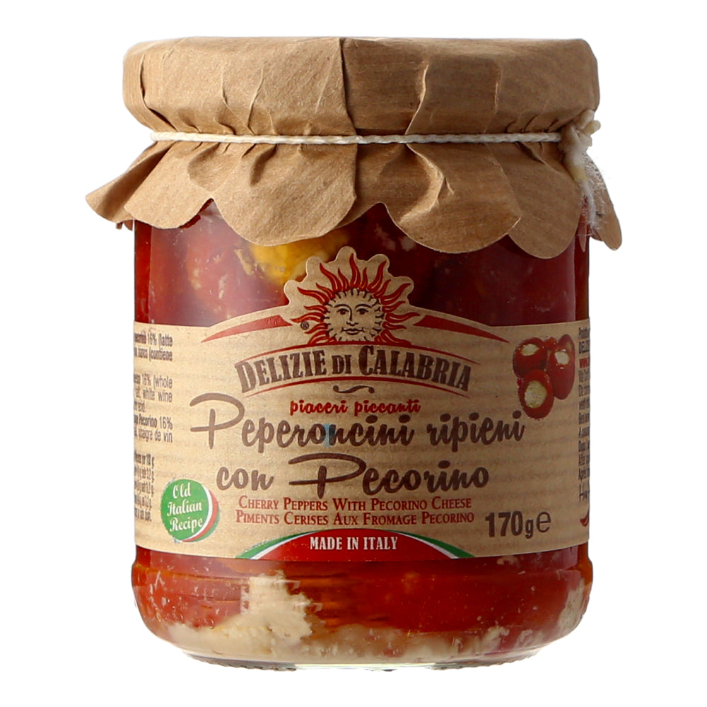 Delizie Di Calabria Hot Cherry Peppers Stuff With Pecorino Cheese, 170gm