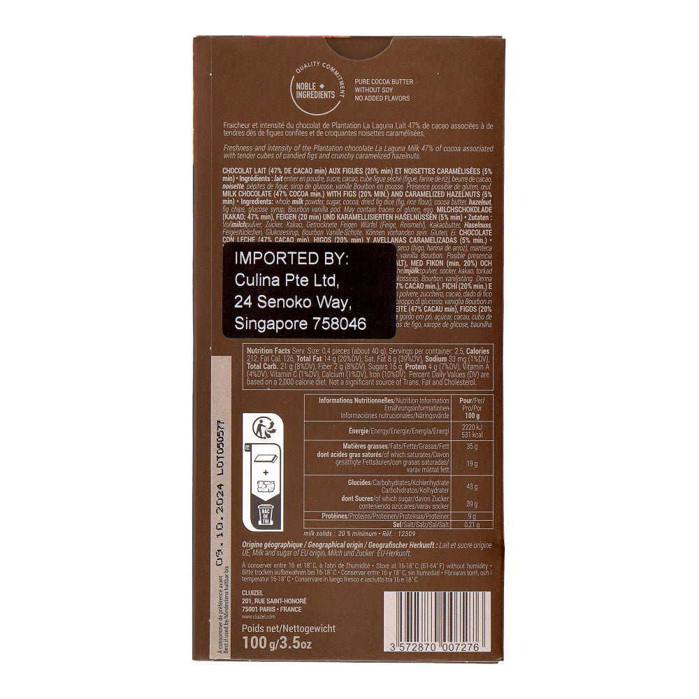 Cluizel Tablet Fig And Hazelnut Milk Chocolate 47%, 100gm (Back view with nutritional facts)