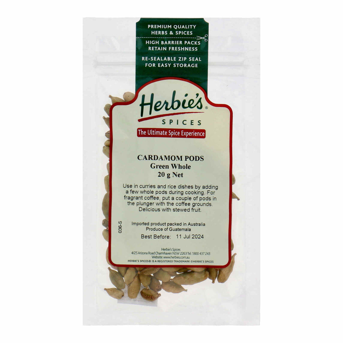 Herbies Cardamom Pods Green Whole, 20gm